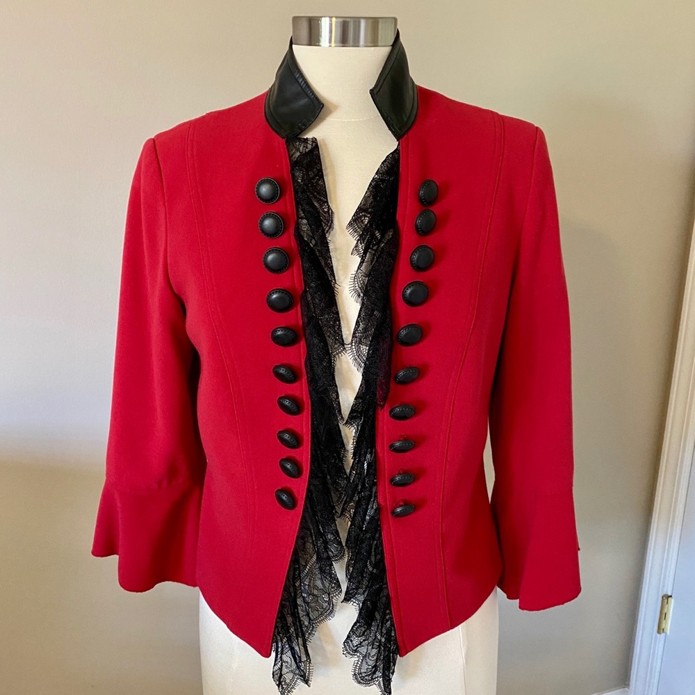 Red Blazer with Black Leather Trim - Size 6